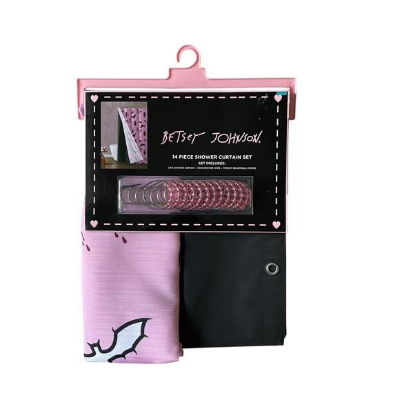 14pc Betsey Johnson Pink BATS Halloween Shower Curtain Hooks Liner Set 72x72 NEW - Picture 8 of 8